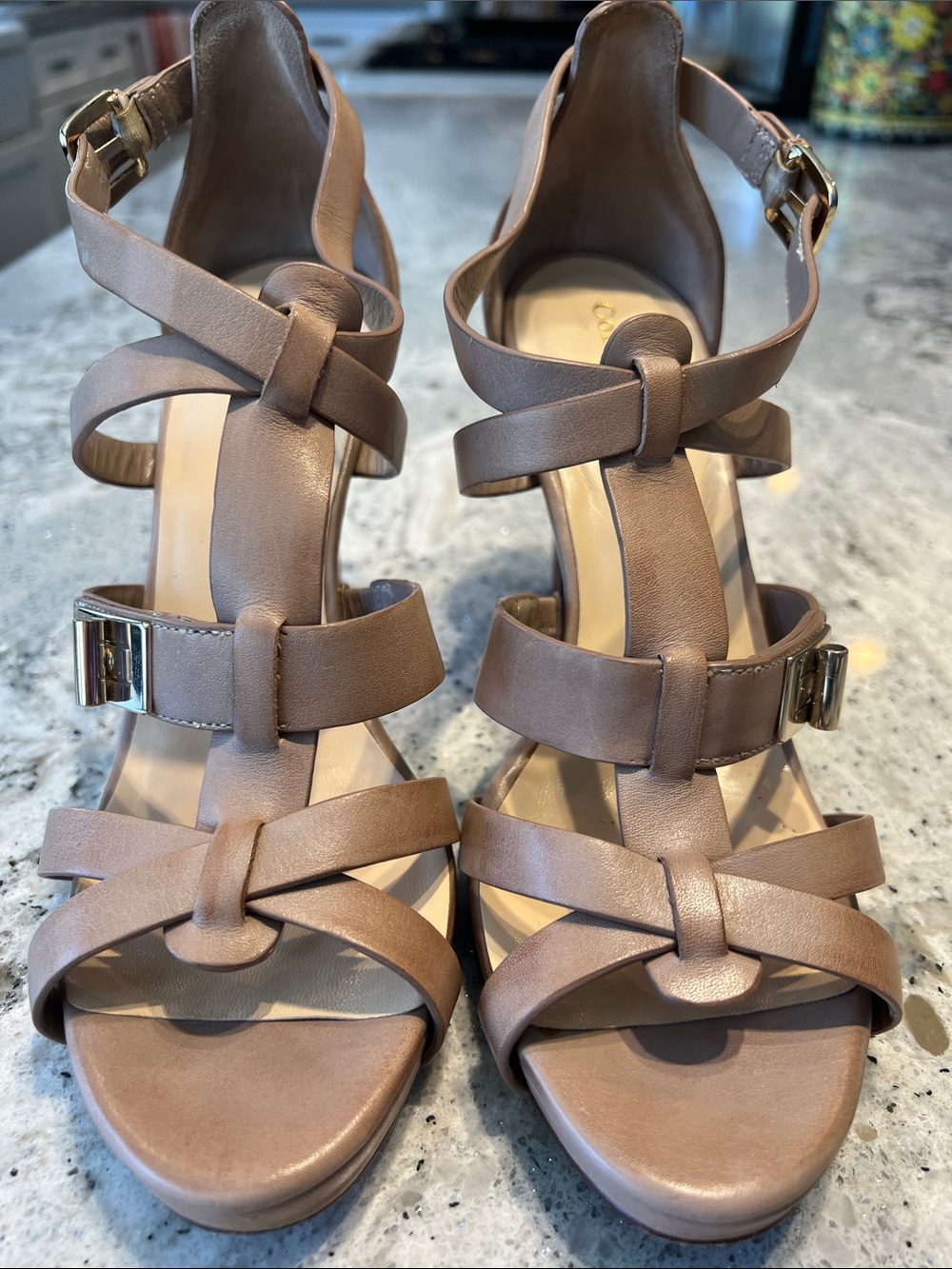 Cole Haan Nike Air Nude Beige Strappy Buckle Heels Stiletto Sandals Size 7 EUC - Picture 3 of 11